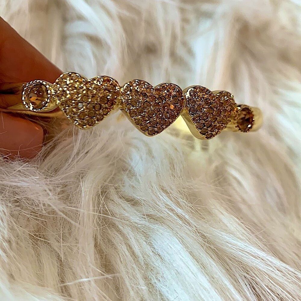 Betsey Johnson Gold Tone Triple Heart Pave Crystal Hinged Bangle Bracelet